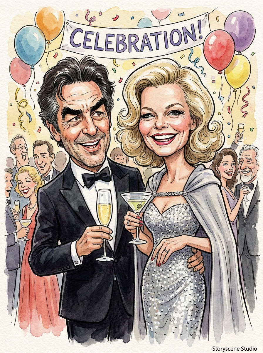 Caricature of the couple celebrating at a party