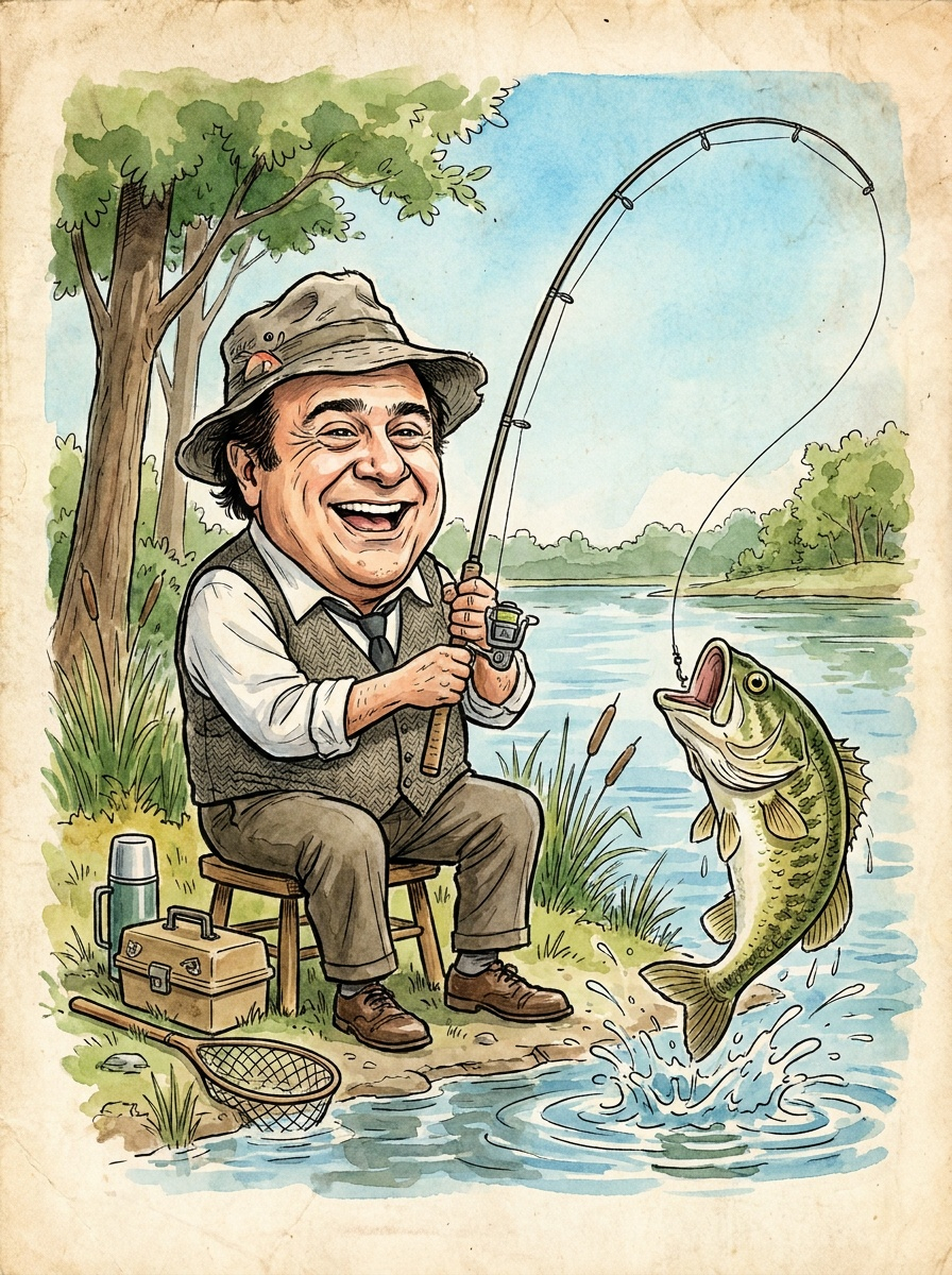 Caricature reeling in a fish at the lake
