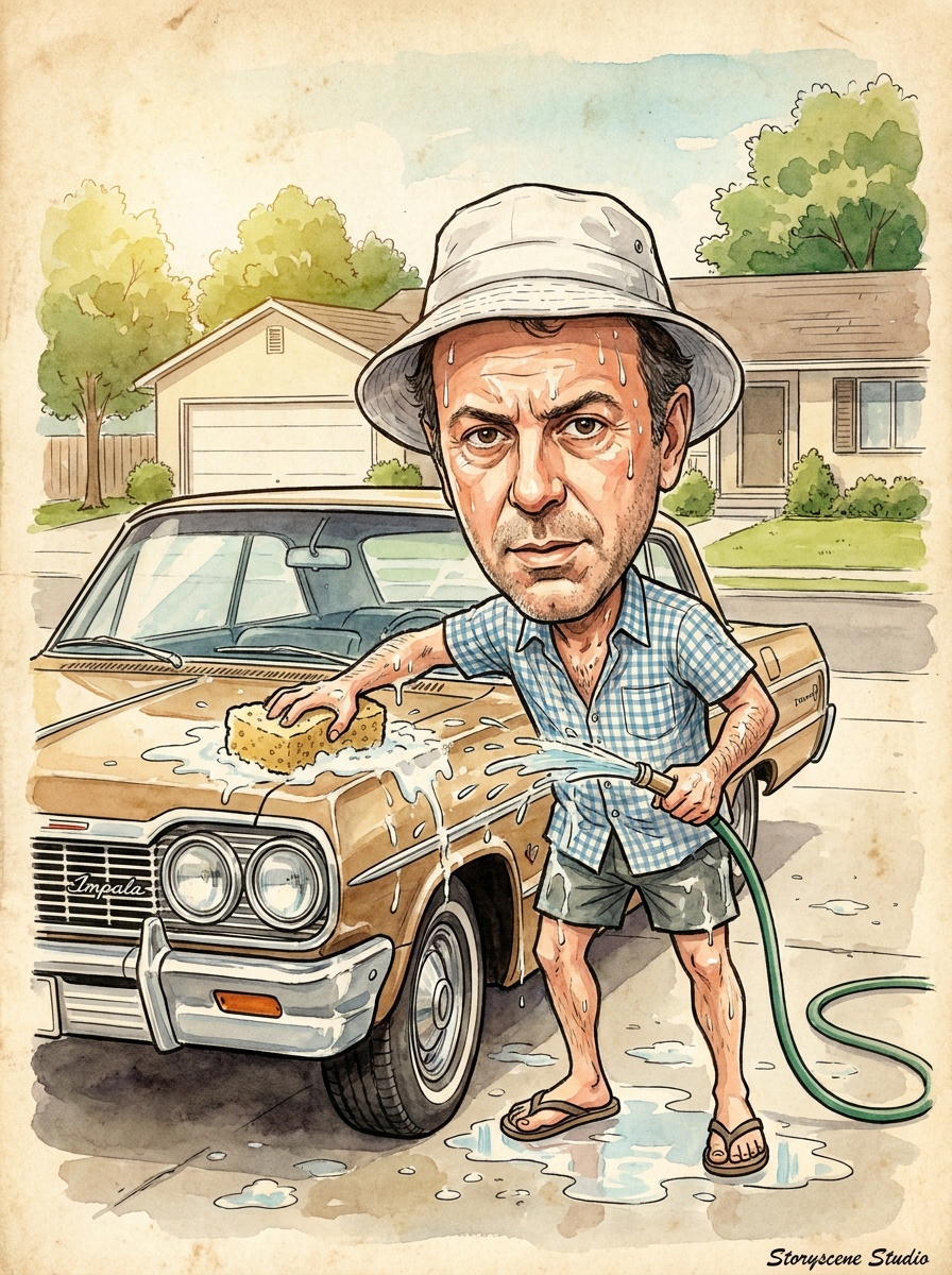 Caricature washing a classic car in the driveway