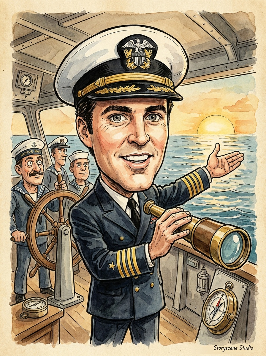 Caricature of a naval officer on the bridge of a ship at sunset